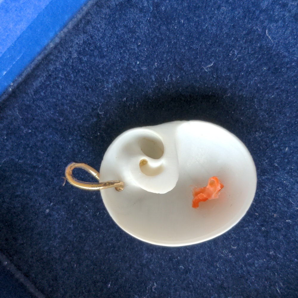 Vintage handmade pendant - natural shell with pink angel skin coral
